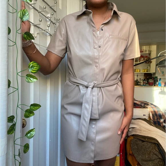 H&M Beige Faux Leather Shirt Dress - Picture 1 of 3